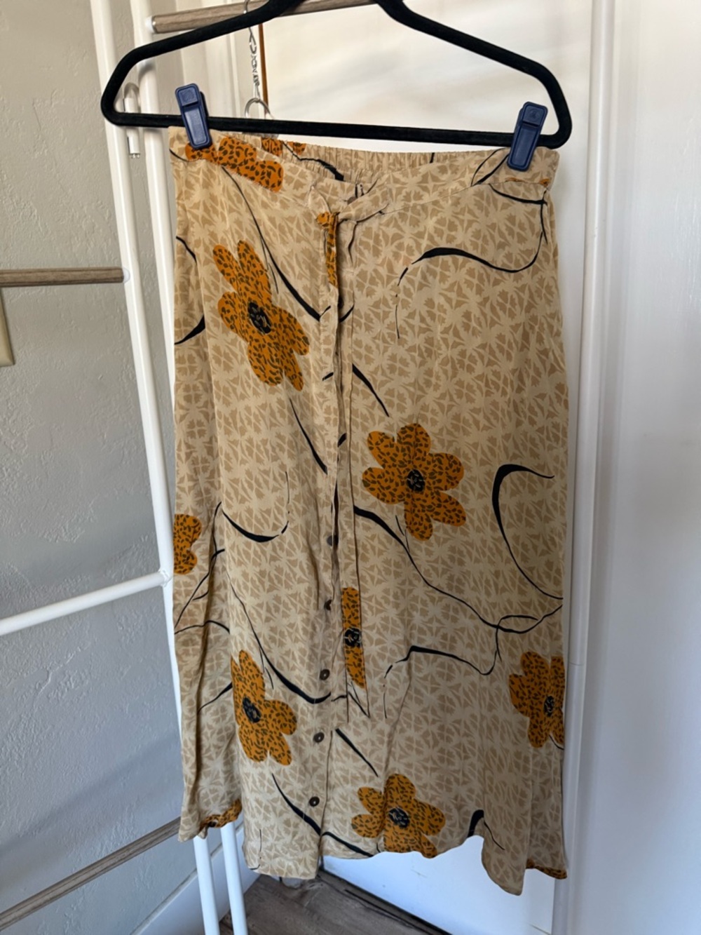 Vintage Beige Midi Skirt with Mustard Floral Accents